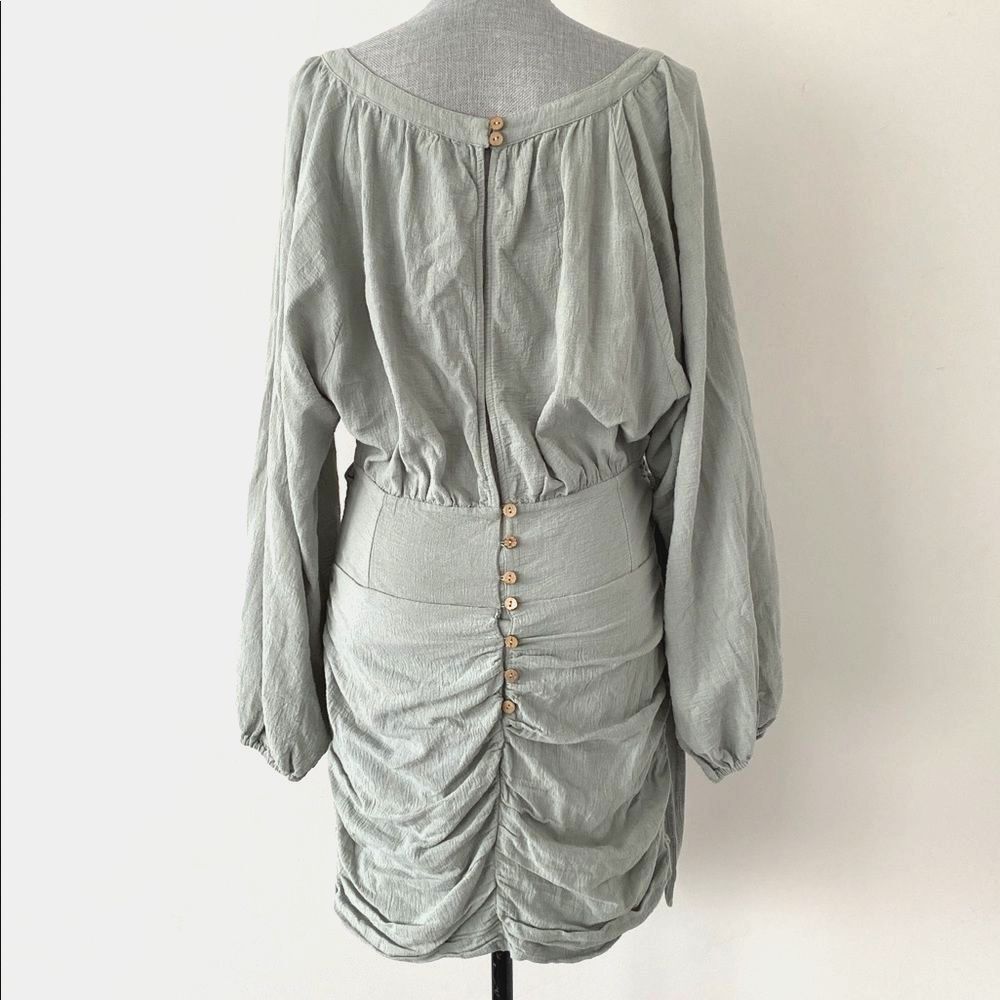 Free People Sage Green Open Back Long Sleeve Mini Dress Tie Belt Buttons closer - Picture 3 of 16